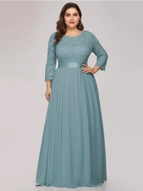 Ever Pretty Dusty Teal Lace & Chiffon Long Sleeve Gown